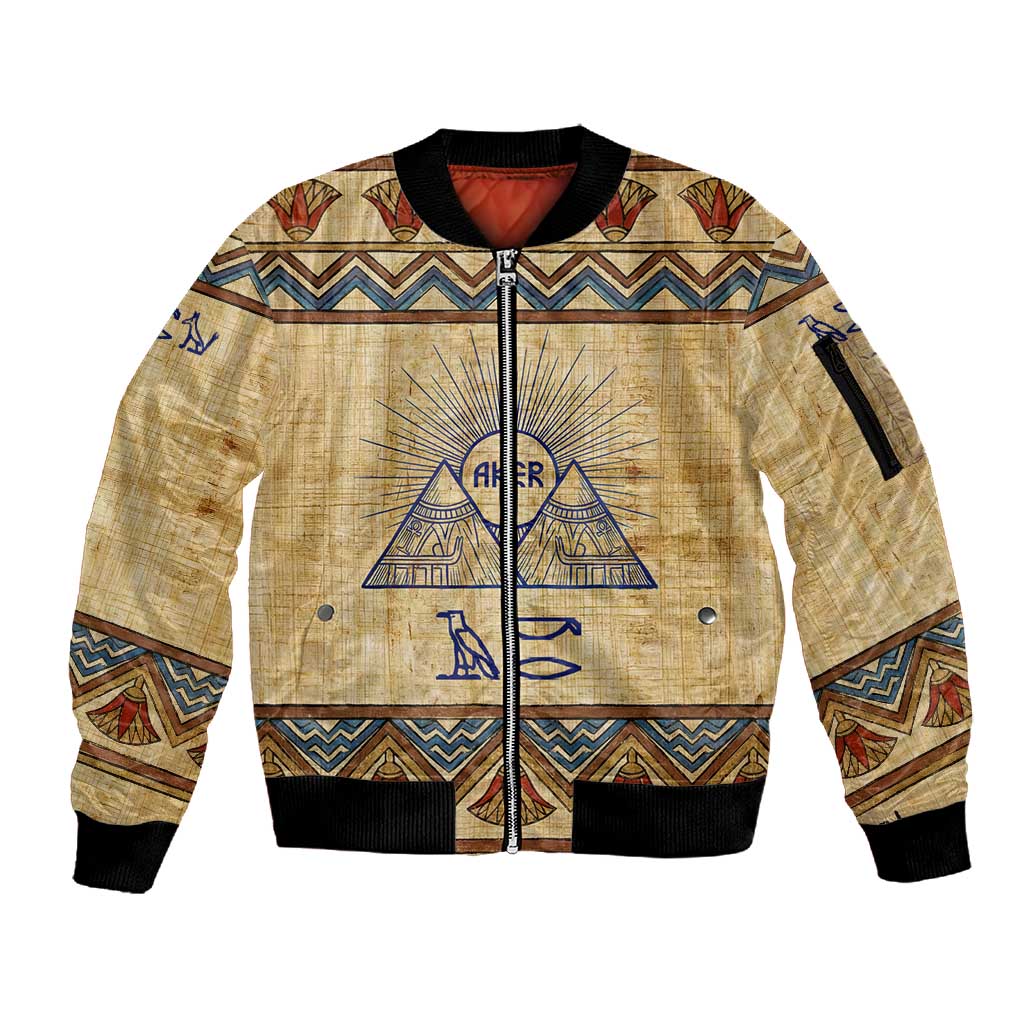 Aker Ancient Egyptian Sleeve Zip Bomber Jacket with Hieroglyphic Pattern, Pyramid Symbol, and Twin Lion Guardians Motif - African Pride