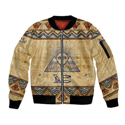 Aker Ancient Egyptian Sleeve Zip Bomber Jacket with Hieroglyphic Pattern, Pyramid Symbol, and Twin Lion Guardians Motif - African Pride