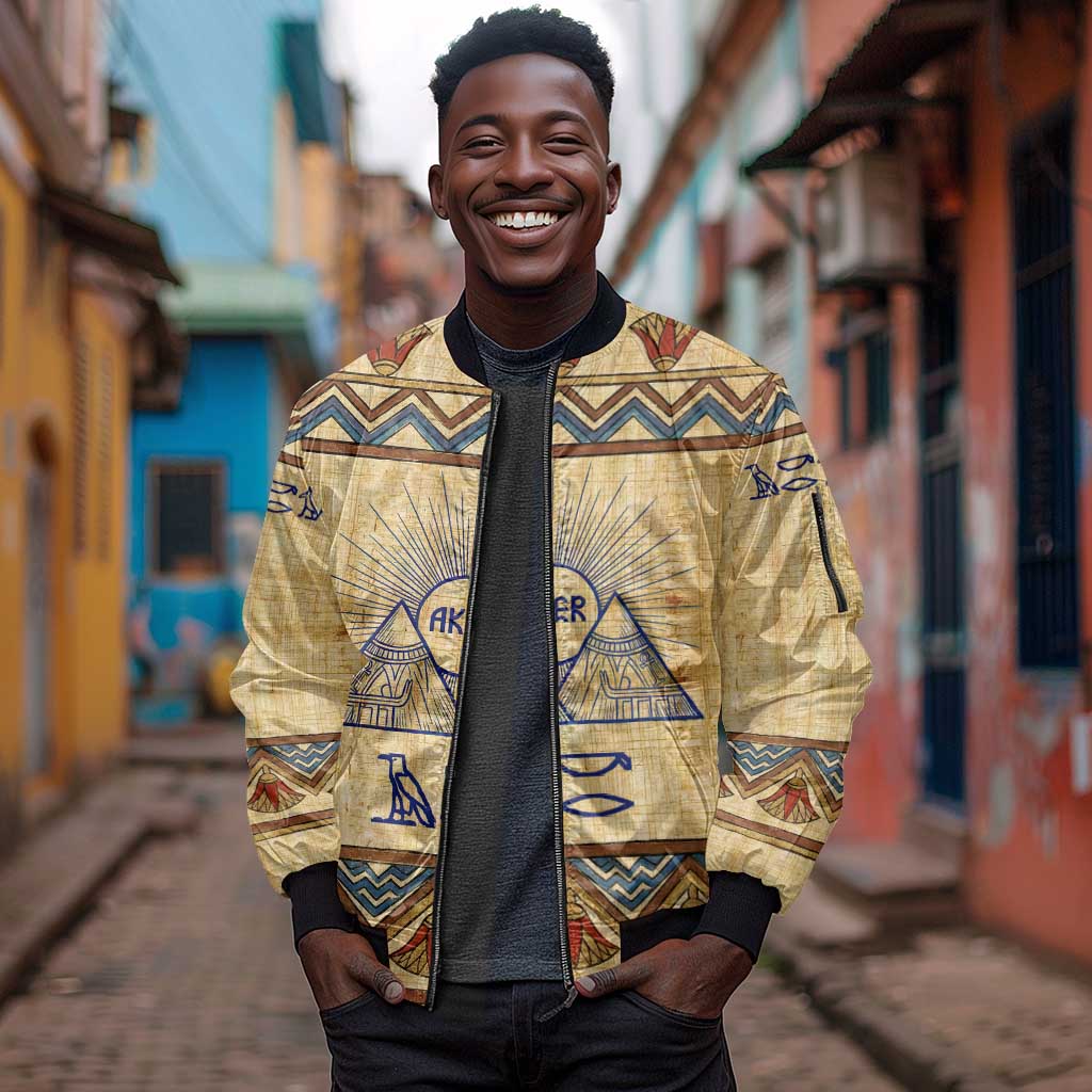 Aker Ancient Egyptian Sleeve Zip Bomber Jacket with Hieroglyphic Pattern, Pyramid Symbol, and Twin Lion Guardians Motif - African Pride