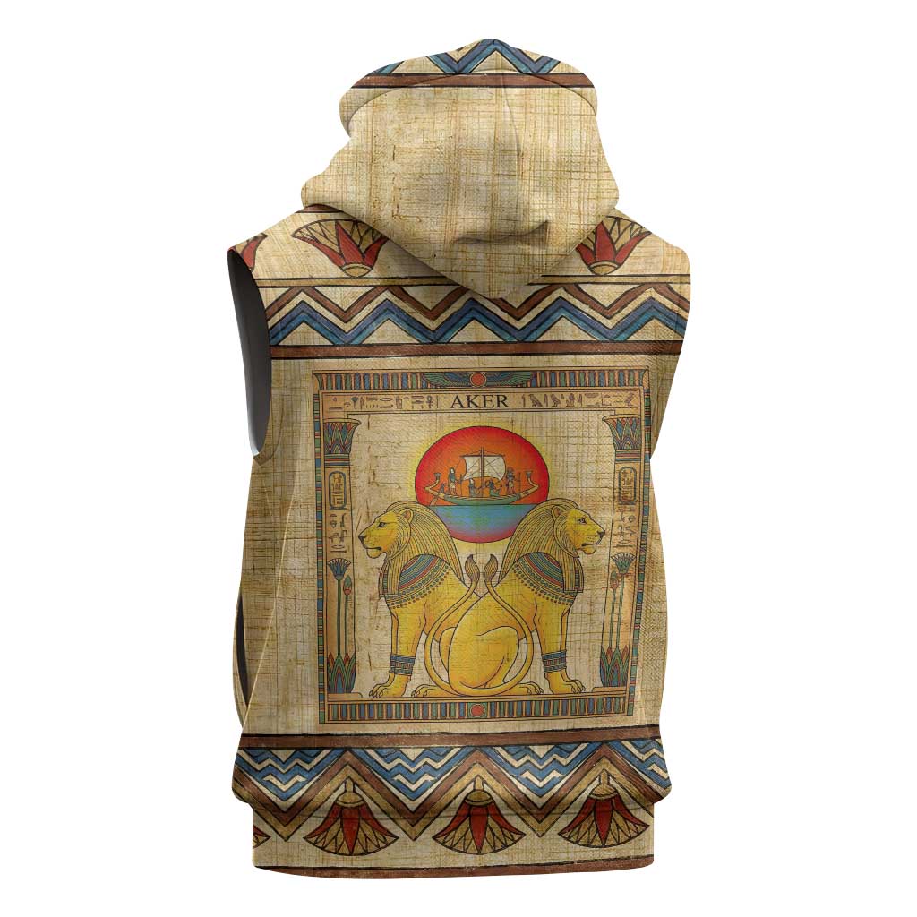 Aker Ancient Egyptian Sleeveless Hoodie with Hieroglyphic Pattern, Pyramid Symbol, and Twin Lion Guardians Motif - African Pride