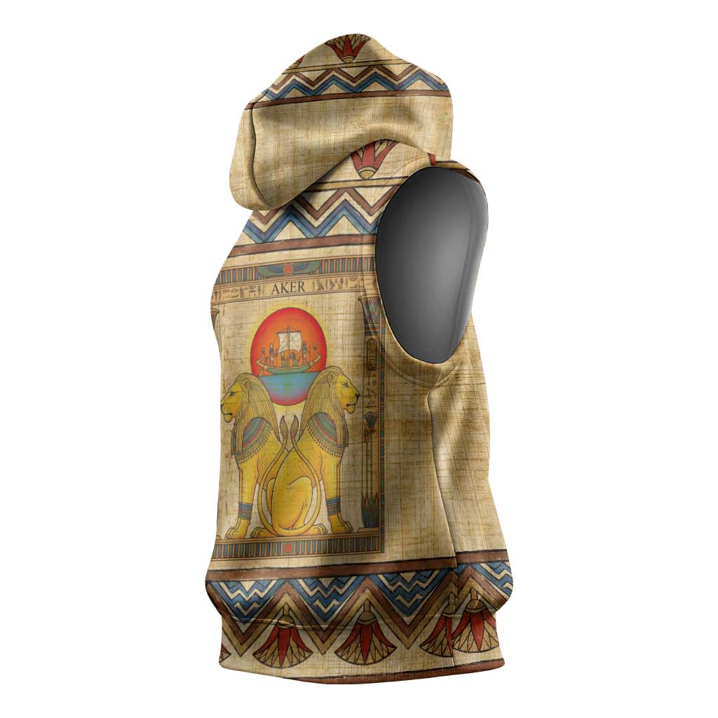 Aker Ancient Egyptian Sleeveless Hoodie with Hieroglyphic Pattern, Pyramid Symbol, and Twin Lion Guardians Motif - African Pride