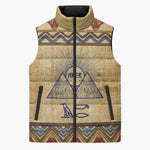 Aker Ancient Egyptian Sleeveless Puffer Jacket with Hieroglyphic Pattern, Pyramid Symbol, and Twin Lion Guardians Motif - African Pride