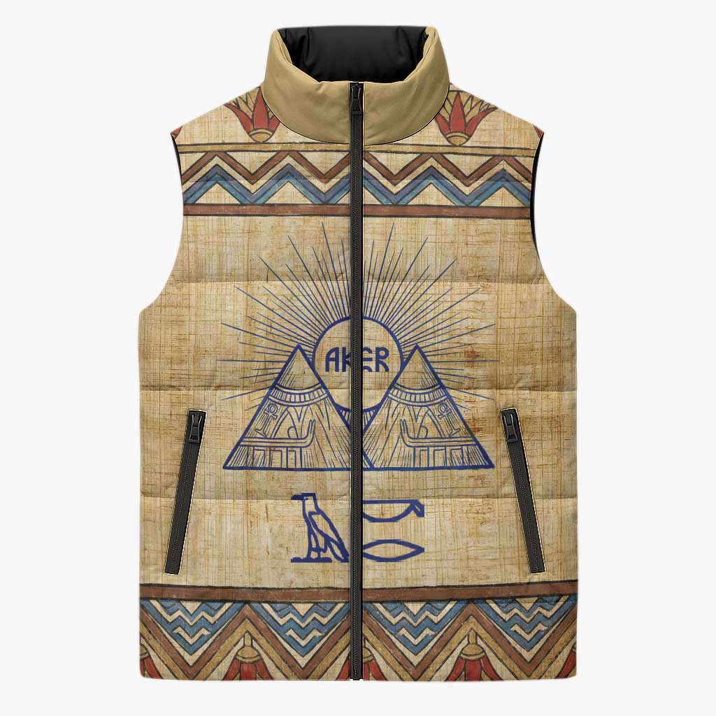Aker Ancient Egyptian Sleeveless Puffer Jacket with Hieroglyphic Pattern, Pyramid Symbol, and Twin Lion Guardians Motif - African Pride