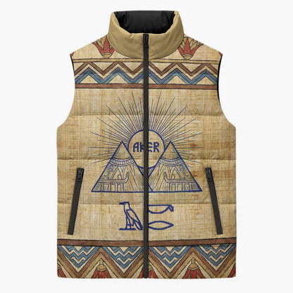 Aker Ancient Egyptian Sleeveless Puffer Jacket with Hieroglyphic Pattern, Pyramid Symbol, and Twin Lion Guardians Motif - African Pride