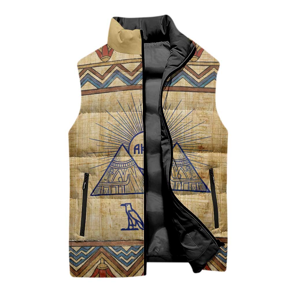 Aker Ancient Egyptian Sleeveless Puffer Jacket with Hieroglyphic Pattern, Pyramid Symbol, and Twin Lion Guardians Motif - African Pride