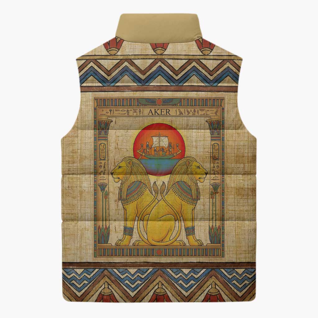 Aker Ancient Egyptian Sleeveless Puffer Jacket with Hieroglyphic Pattern, Pyramid Symbol, and Twin Lion Guardians Motif - African Pride