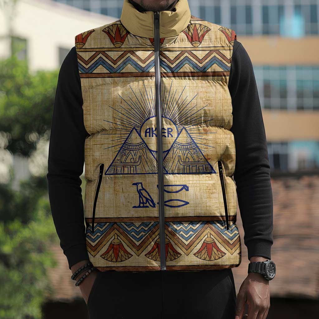 Aker Ancient Egyptian Sleeveless Puffer Jacket with Hieroglyphic Pattern, Pyramid Symbol, and Twin Lion Guardians Motif - African Pride