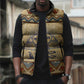 Aker Ancient Egyptian Sleeveless Puffer Jacket with Hieroglyphic Pattern, Pyramid Symbol, and Twin Lion Guardians Motif - African Pride