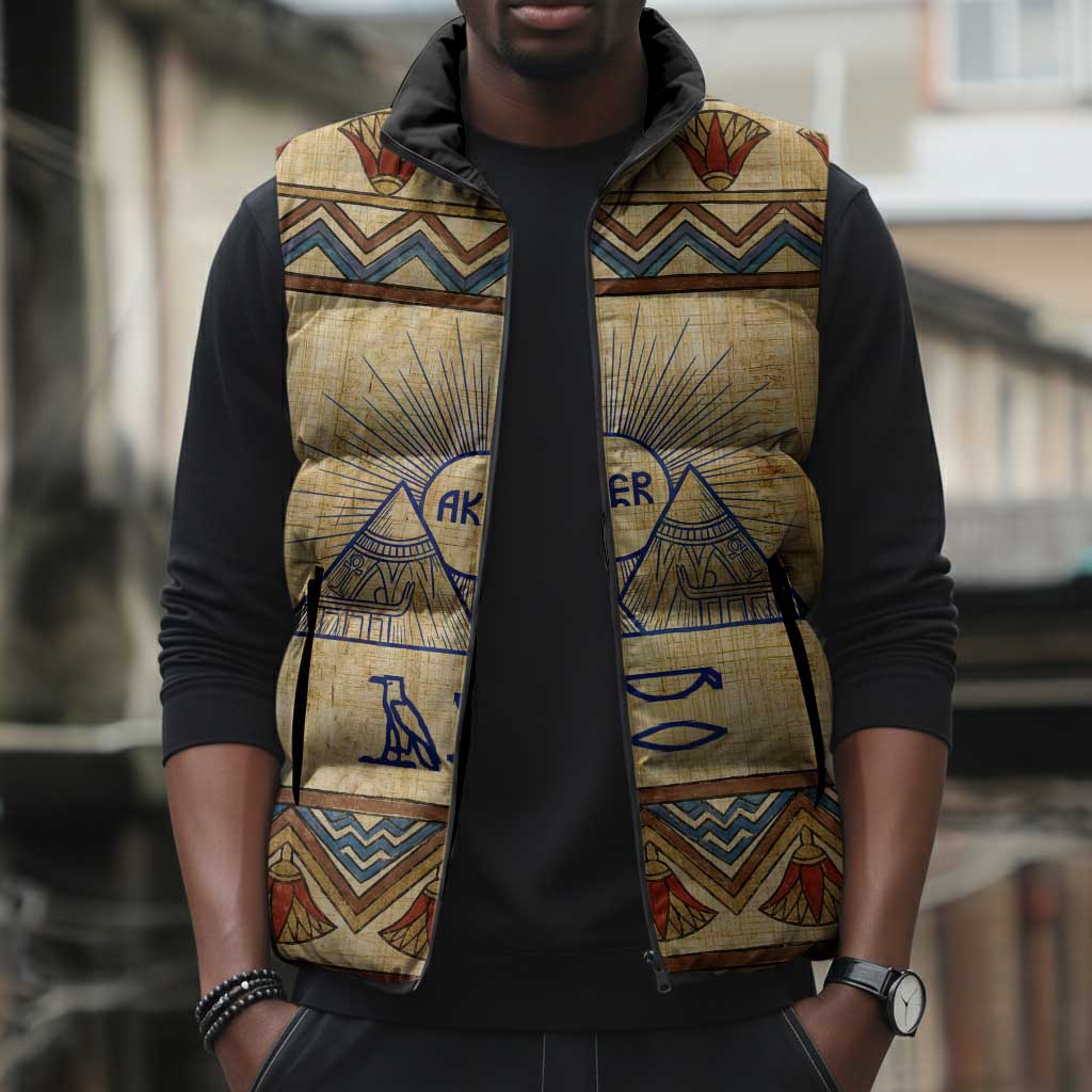 Aker Ancient Egyptian Sleeveless Puffer Jacket with Hieroglyphic Pattern, Pyramid Symbol, and Twin Lion Guardians Motif - African Pride