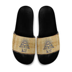 Aker Ancient Egyptian Slide Sandals with Hieroglyphic Pattern, Pyramid Symbol, and Twin Lion Guardians Motif - African Pride