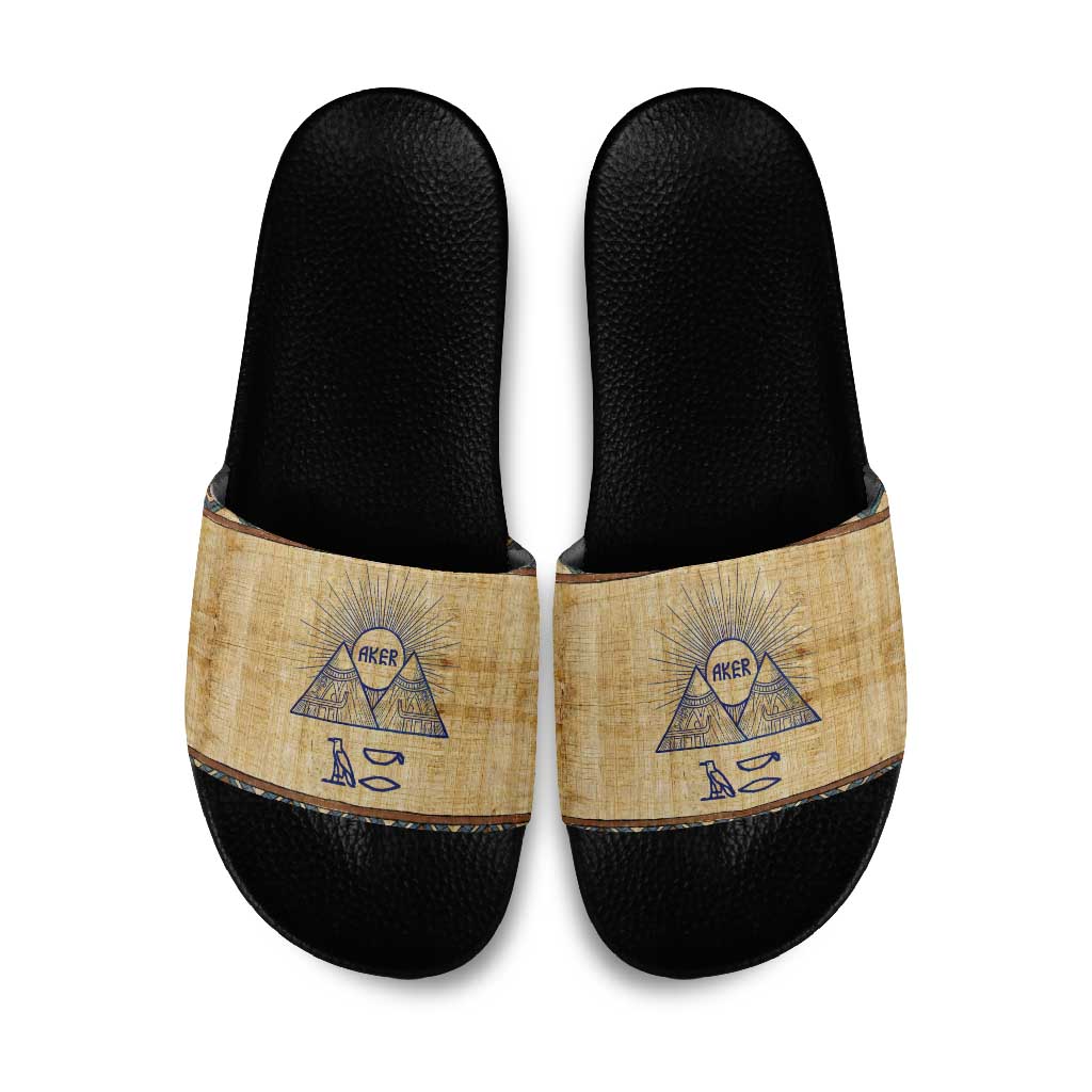 Aker Ancient Egyptian Slide Sandals with Hieroglyphic Pattern, Pyramid Symbol, and Twin Lion Guardians Motif - African Pride