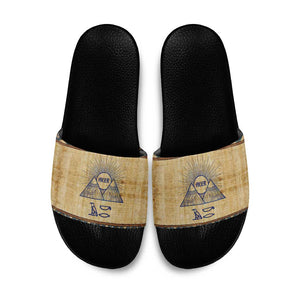 Aker Ancient Egyptian Slide Sandals with Hieroglyphic Pattern, Pyramid Symbol, and Twin Lion Guardians Motif - African Pride
