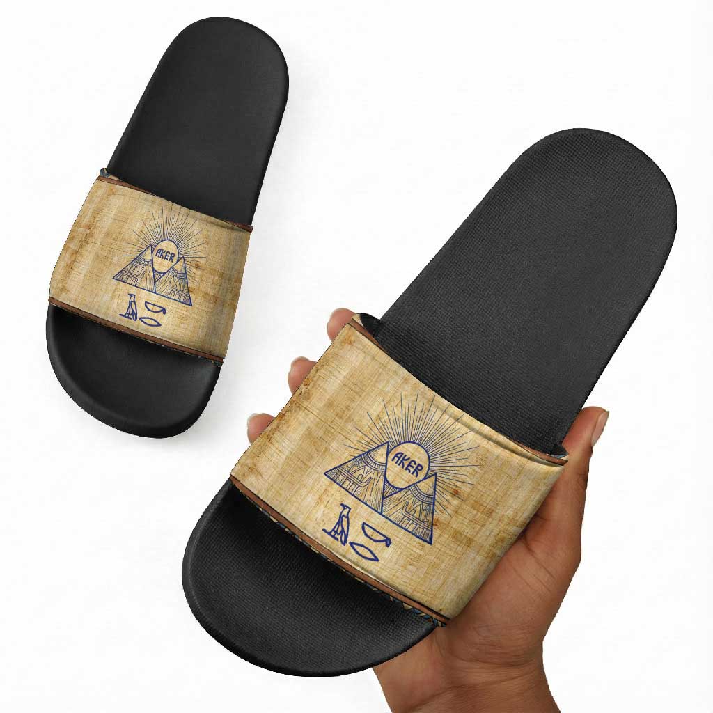Aker Ancient Egyptian Slide Sandals with Hieroglyphic Pattern, Pyramid Symbol, and Twin Lion Guardians Motif - African Pride