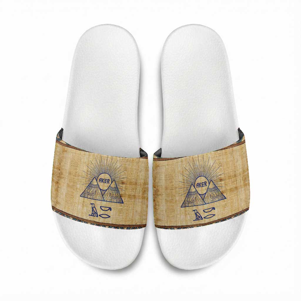 Aker Ancient Egyptian Slide Sandals with Hieroglyphic Pattern, Pyramid Symbol, and Twin Lion Guardians Motif - African Pride