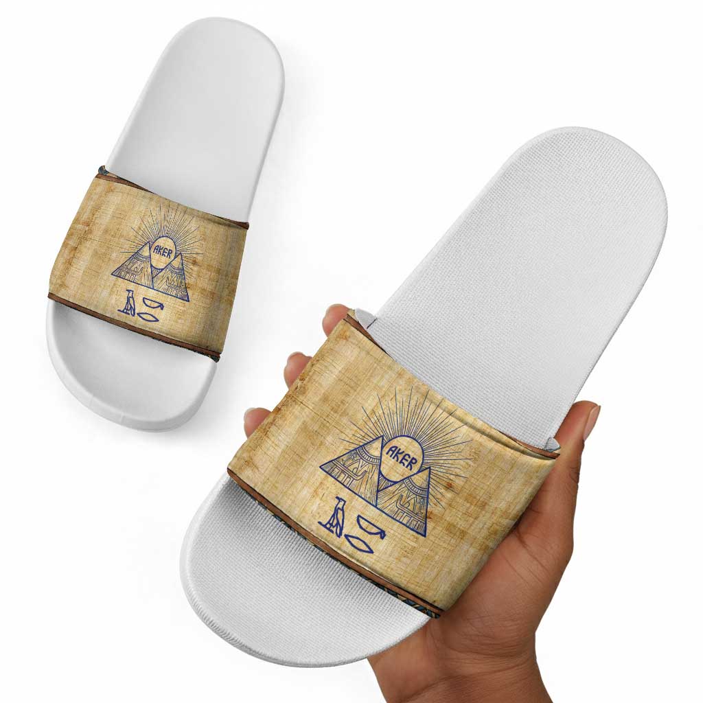 Aker Ancient Egyptian Slide Sandals with Hieroglyphic Pattern, Pyramid Symbol, and Twin Lion Guardians Motif - African Pride