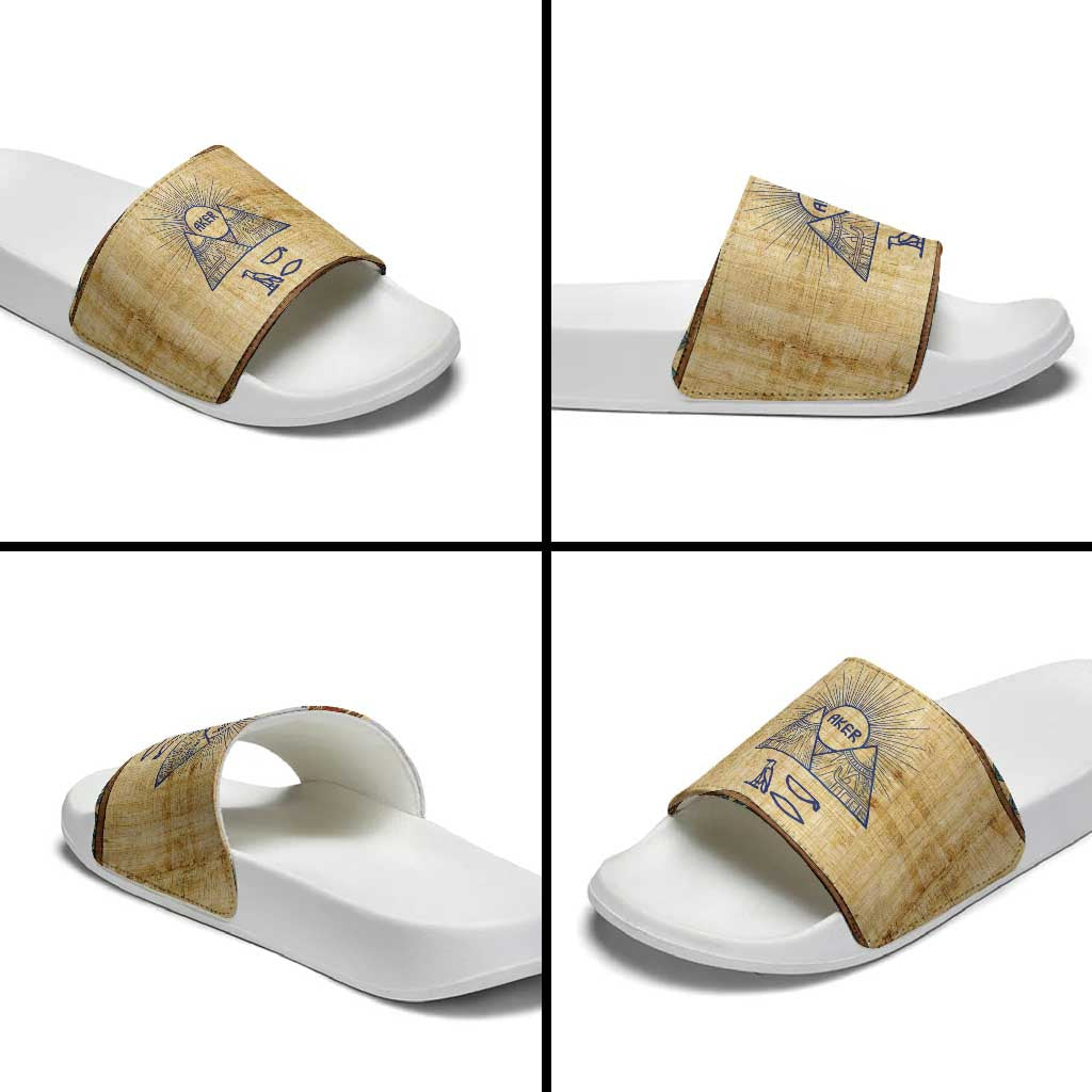 Aker Ancient Egyptian Slide Sandals with Hieroglyphic Pattern, Pyramid Symbol, and Twin Lion Guardians Motif - African Pride