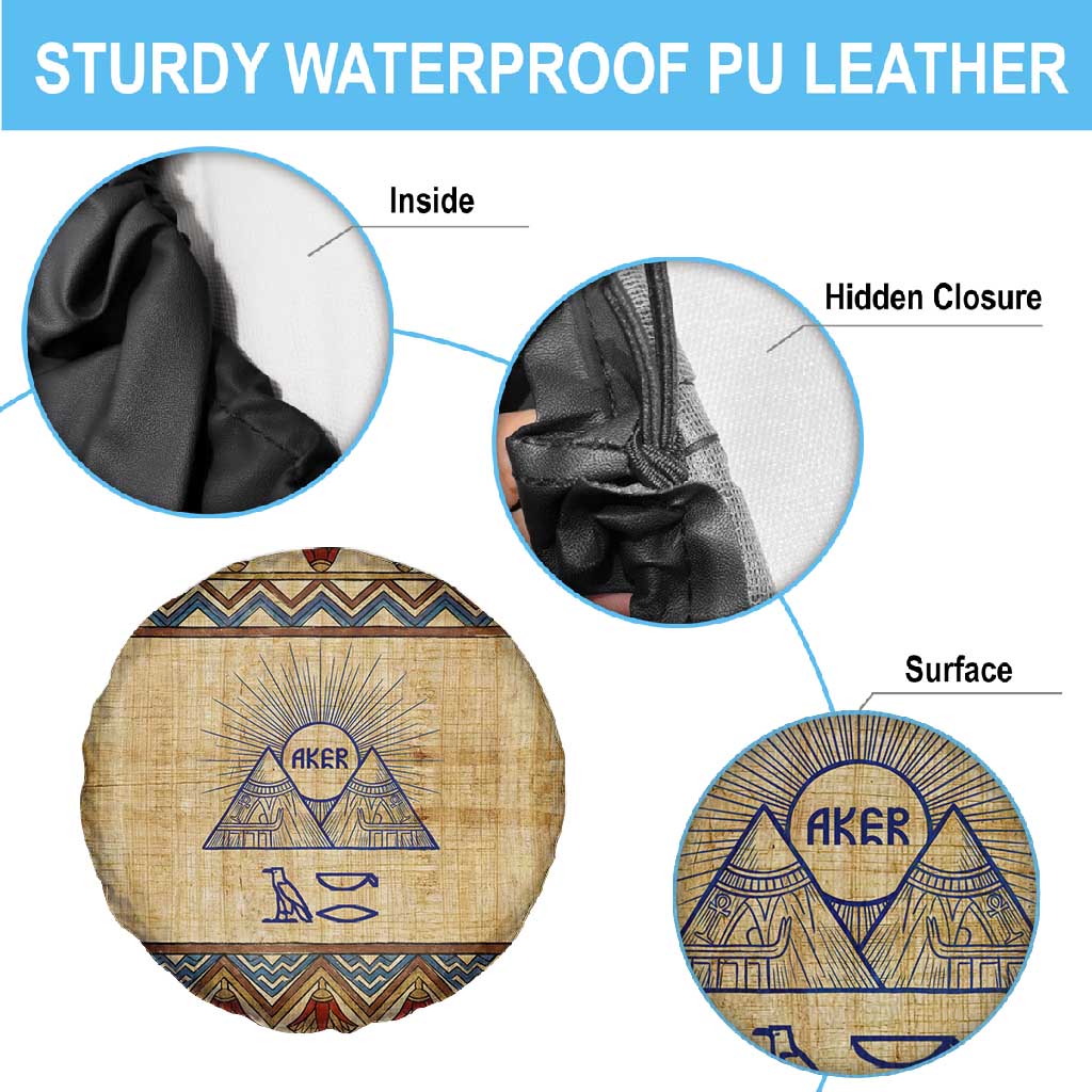 Aker Ancient Egyptian Spare Tire Cover with Hieroglyphic Pattern, Pyramid Symbol, and Twin Lion Guardians Motif - African Pride