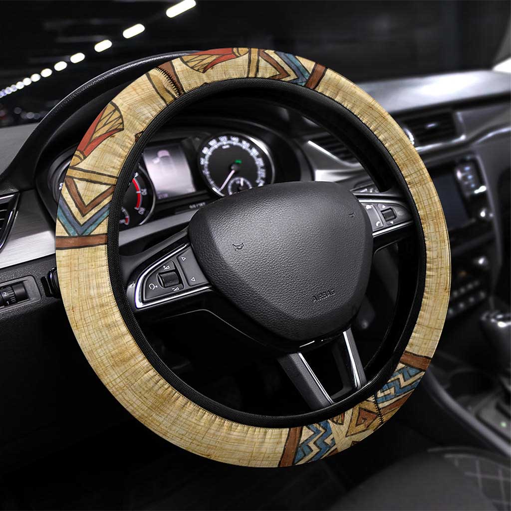 Aker Ancient Egyptian Steering Wheel Cover with Hieroglyphic Pattern, Pyramid Symbol, and Twin Lion Guardians Motif - African Pride