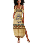 Aker Ancient Egyptian Summer Maxi Dress with Hieroglyphic Pattern, Pyramid Symbol, and Twin Lion Guardians Motif - African Pride