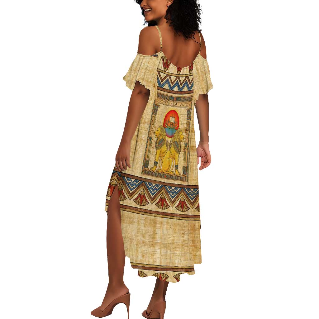 Aker Ancient Egyptian Summer Maxi Dress with Hieroglyphic Pattern, Pyramid Symbol, and Twin Lion Guardians Motif - African Pride