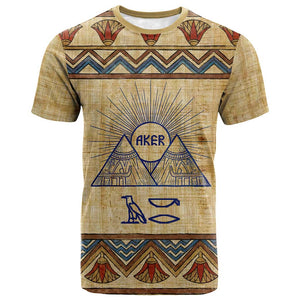 Aker Ancient Egyptian T shirt with Hieroglyphic Pattern, Pyramid Symbol, and Twin Lion Guardians Motif - African Pride