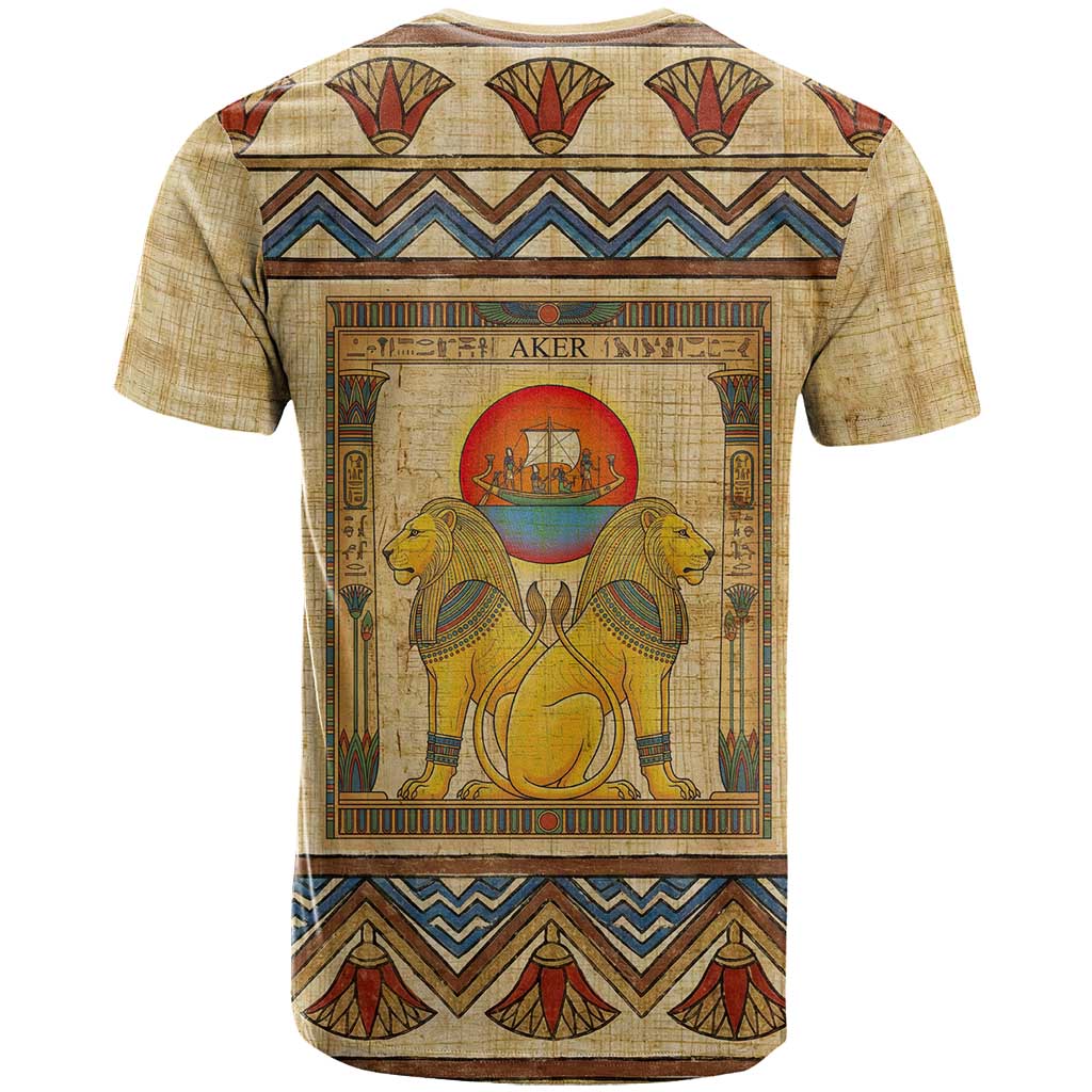 Aker Ancient Egyptian T shirt with Hieroglyphic Pattern, Pyramid Symbol, and Twin Lion Guardians Motif - African Pride