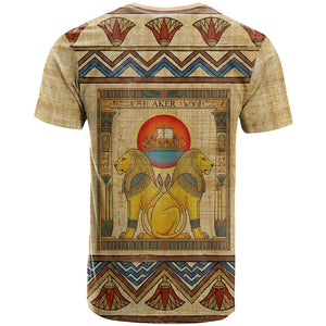 Aker Ancient Egyptian T shirt with Hieroglyphic Pattern, Pyramid Symbol, and Twin Lion Guardians Motif - African Pride