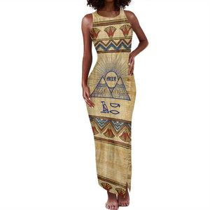 Aker Ancient Egyptian Tank Maxi Dress with Hieroglyphic Pattern, Pyramid Symbol, and Twin Lion Guardians Motif - African Pride