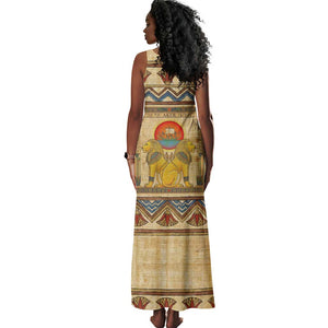 Aker Ancient Egyptian Tank Maxi Dress with Hieroglyphic Pattern, Pyramid Symbol, and Twin Lion Guardians Motif - African Pride