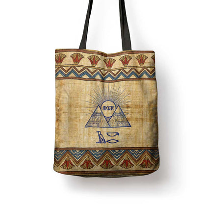 Aker Ancient Egyptian Tote Bag with Hieroglyphic Pattern, Pyramid Symbol, and Twin Lion Guardians Motif - African Pride