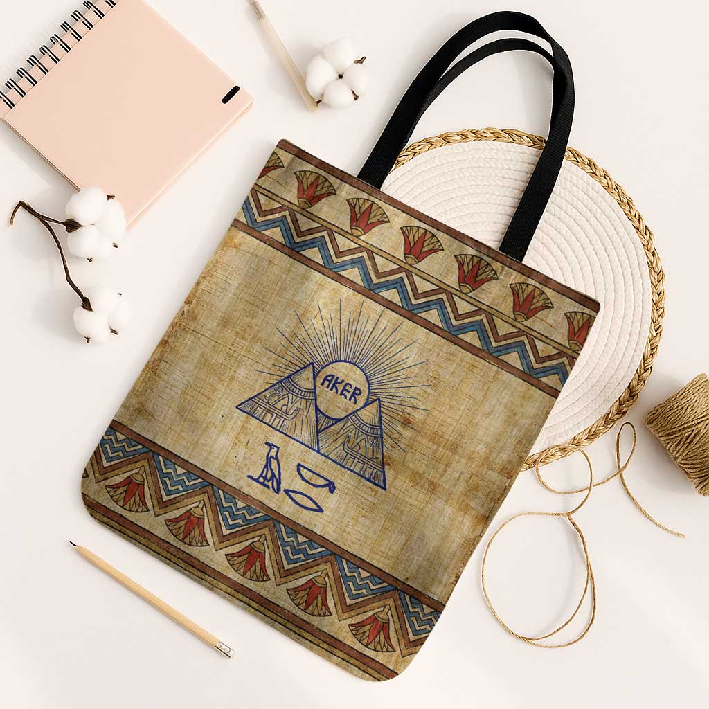 Aker Ancient Egyptian Tote Bag with Hieroglyphic Pattern, Pyramid Symbol, and Twin Lion Guardians Motif - African Pride