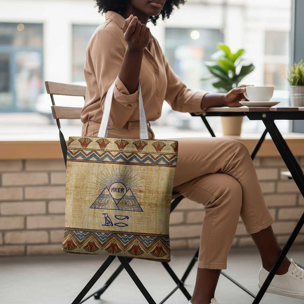 Aker Ancient Egyptian Tote Bag with Hieroglyphic Pattern, Pyramid Symbol, and Twin Lion Guardians Motif - African Pride
