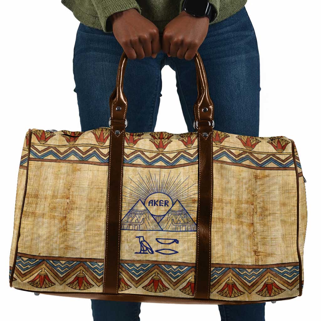 Aker Ancient Egyptian Travel Bag with Hieroglyphic Pattern, Pyramid Symbol, and Twin Lion Guardians Motif - African Pride