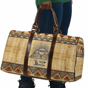Aker Ancient Egyptian Travel Bag with Hieroglyphic Pattern, Pyramid Symbol, and Twin Lion Guardians Motif - African Pride