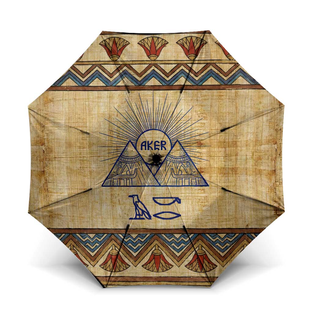 Aker Ancient Egyptian Umbrella with Hieroglyphic Pattern, Pyramid Symbol, and Twin Lion Guardians Motif - African Pride