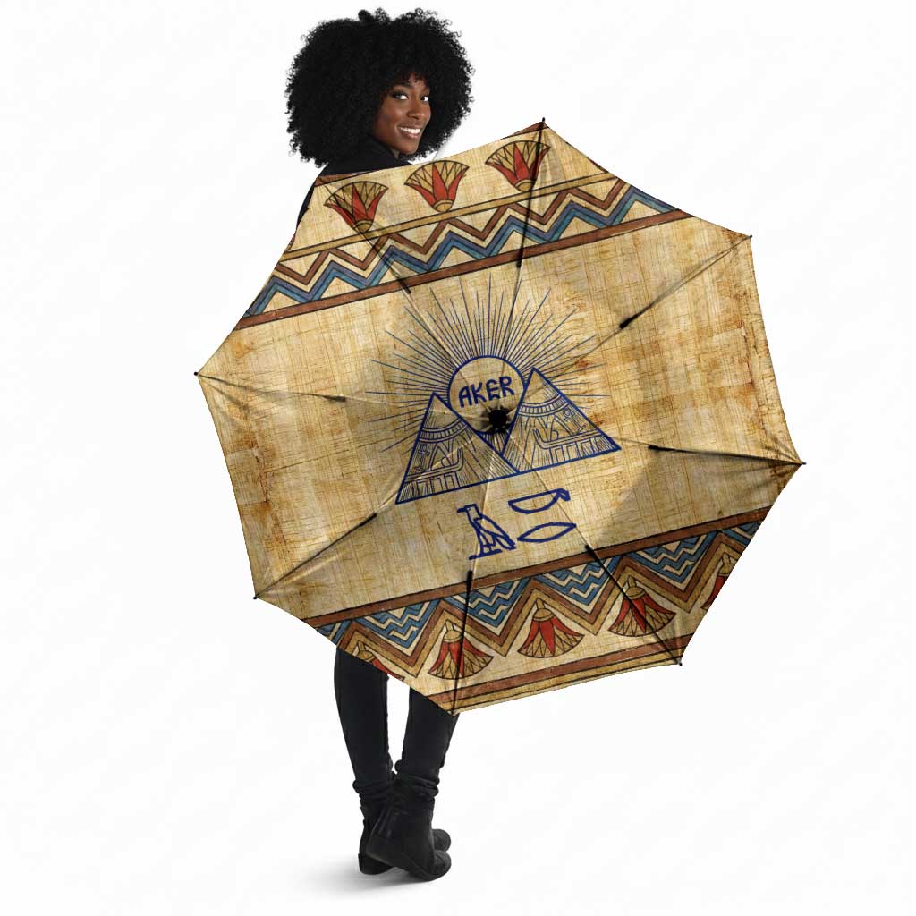 Aker Ancient Egyptian Umbrella with Hieroglyphic Pattern, Pyramid Symbol, and Twin Lion Guardians Motif - African Pride