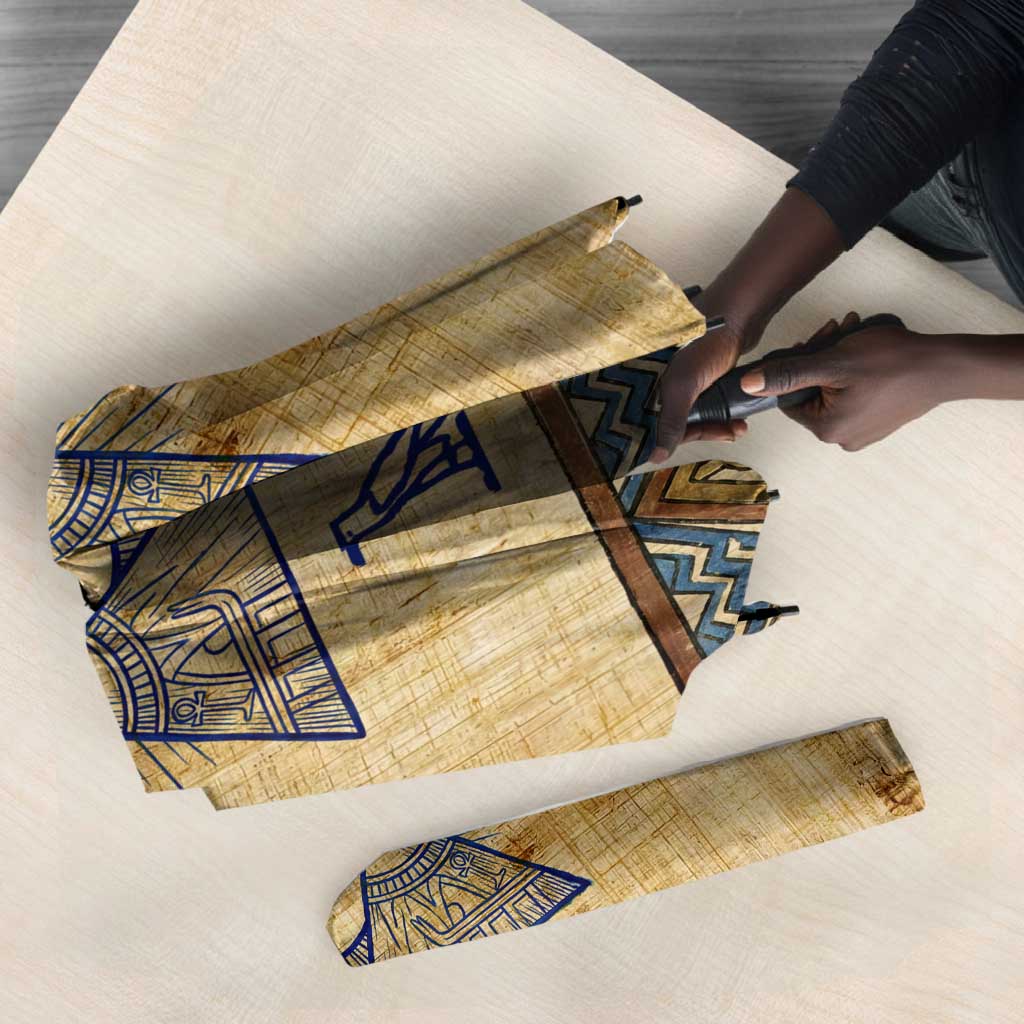 Aker Ancient Egyptian Umbrella with Hieroglyphic Pattern, Pyramid Symbol, and Twin Lion Guardians Motif - African Pride