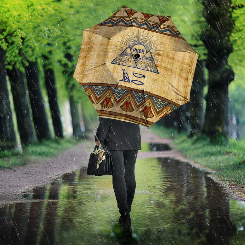 Aker Ancient Egyptian Umbrella with Hieroglyphic Pattern, Pyramid Symbol, and Twin Lion Guardians Motif - African Pride