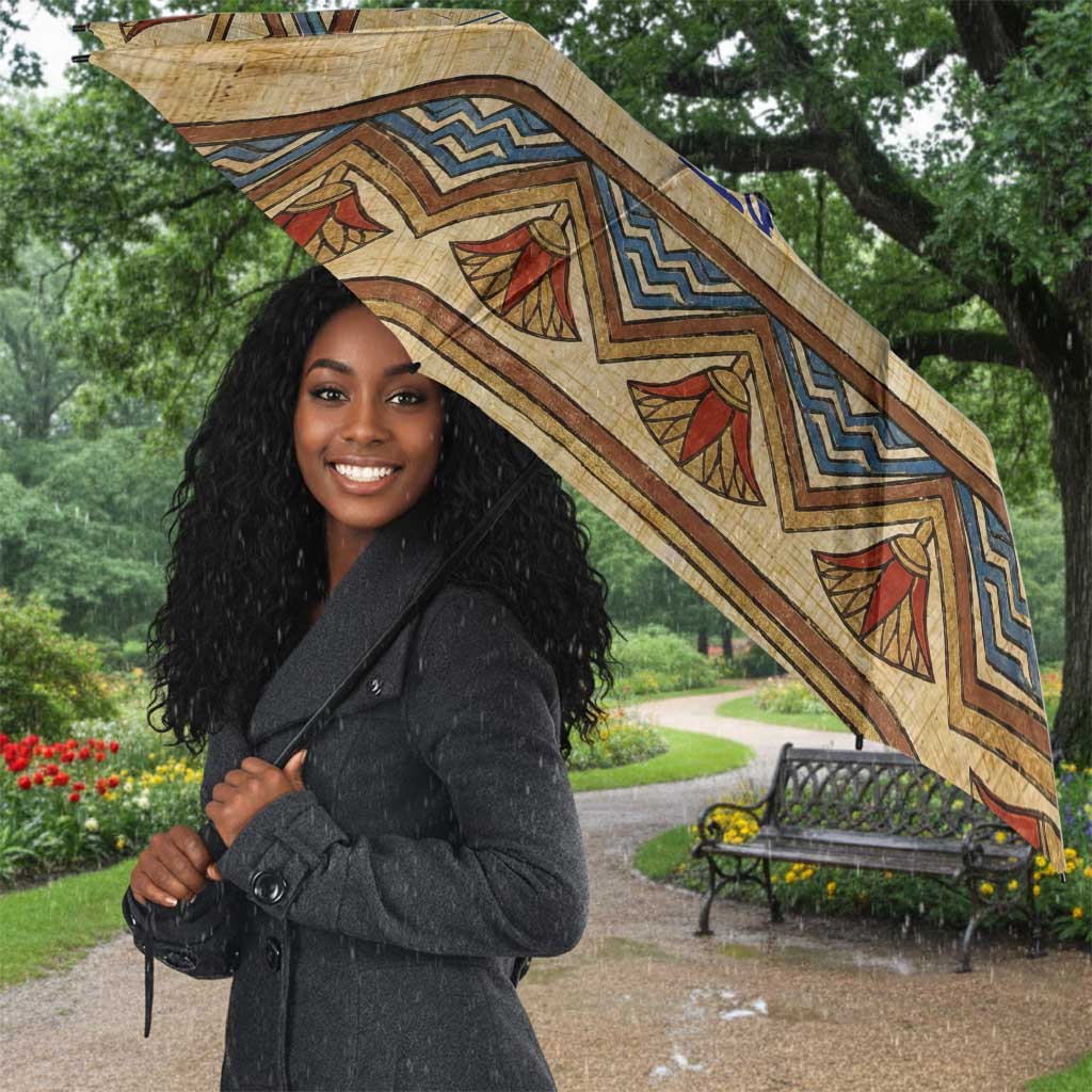 Aker Ancient Egyptian Umbrella with Hieroglyphic Pattern, Pyramid Symbol, and Twin Lion Guardians Motif - African Pride