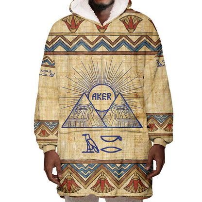 Aker Ancient Egyptian Wearable Blanket Hoodie with Hieroglyphic Pattern, Pyramid Symbol, and Twin Lion Guardians Motif - African Pride