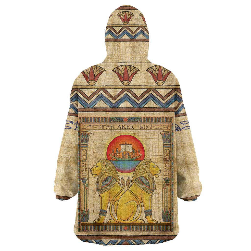 Aker Ancient Egyptian Wearable Blanket Hoodie with Hieroglyphic Pattern, Pyramid Symbol, and Twin Lion Guardians Motif - African Pride