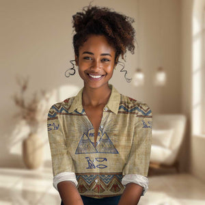 Aker Ancient Egyptian Women Casual Shirt with Hieroglyphic Pattern, Pyramid Symbol, and Twin Lion Guardians Motif - African Pride