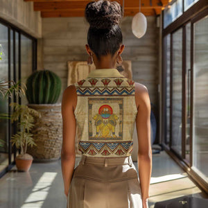 Aker Ancient Egyptian Women Sleeveless Polo Shirt with Hieroglyphic Pattern, Pyramid Symbol, and Twin Lion Guardians Motif - African Pride