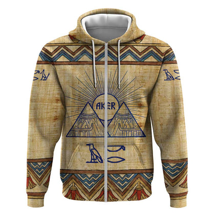 Aker Ancient Egyptian Zip Hoodie with Hieroglyphic Pattern, Pyramid Symbol, and Twin Lion Guardians Motif - African Pride
