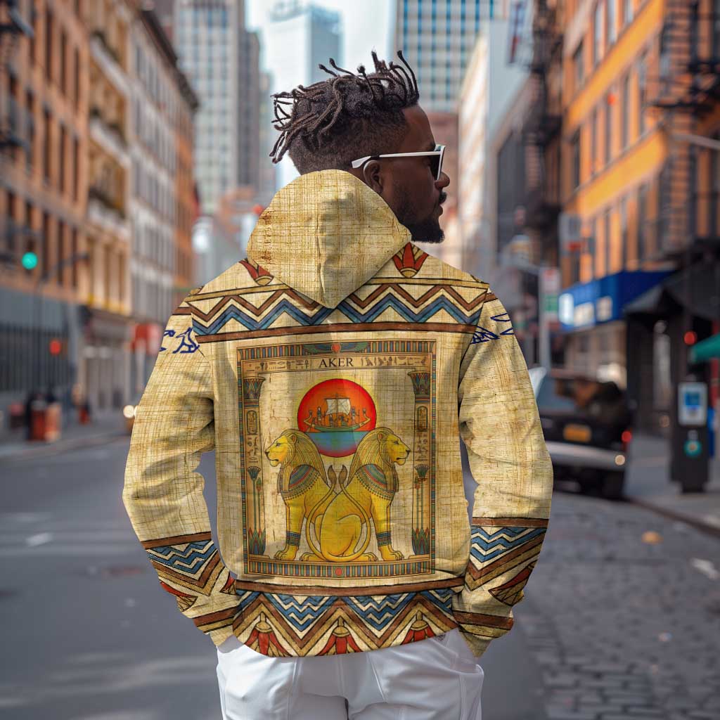 Aker Ancient Egyptian Zip Hoodie with Hieroglyphic Pattern, Pyramid Symbol, and Twin Lion Guardians Motif - African Pride