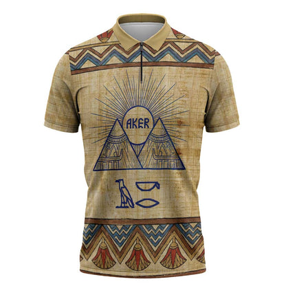 Aker Ancient Egyptian Zipper Polo Shirt with Hieroglyphic Pattern, Pyramid Symbol, and Twin Lion Guardians Motif - African Pride