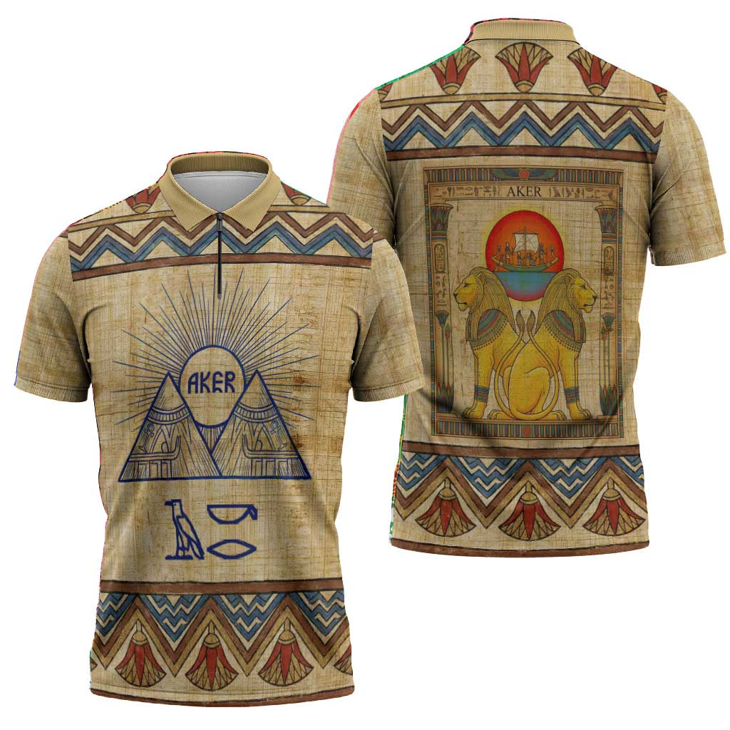 Aker Ancient Egyptian Zipper Polo Shirt with Hieroglyphic Pattern, Pyramid Symbol, and Twin Lion Guardians Motif - African Pride