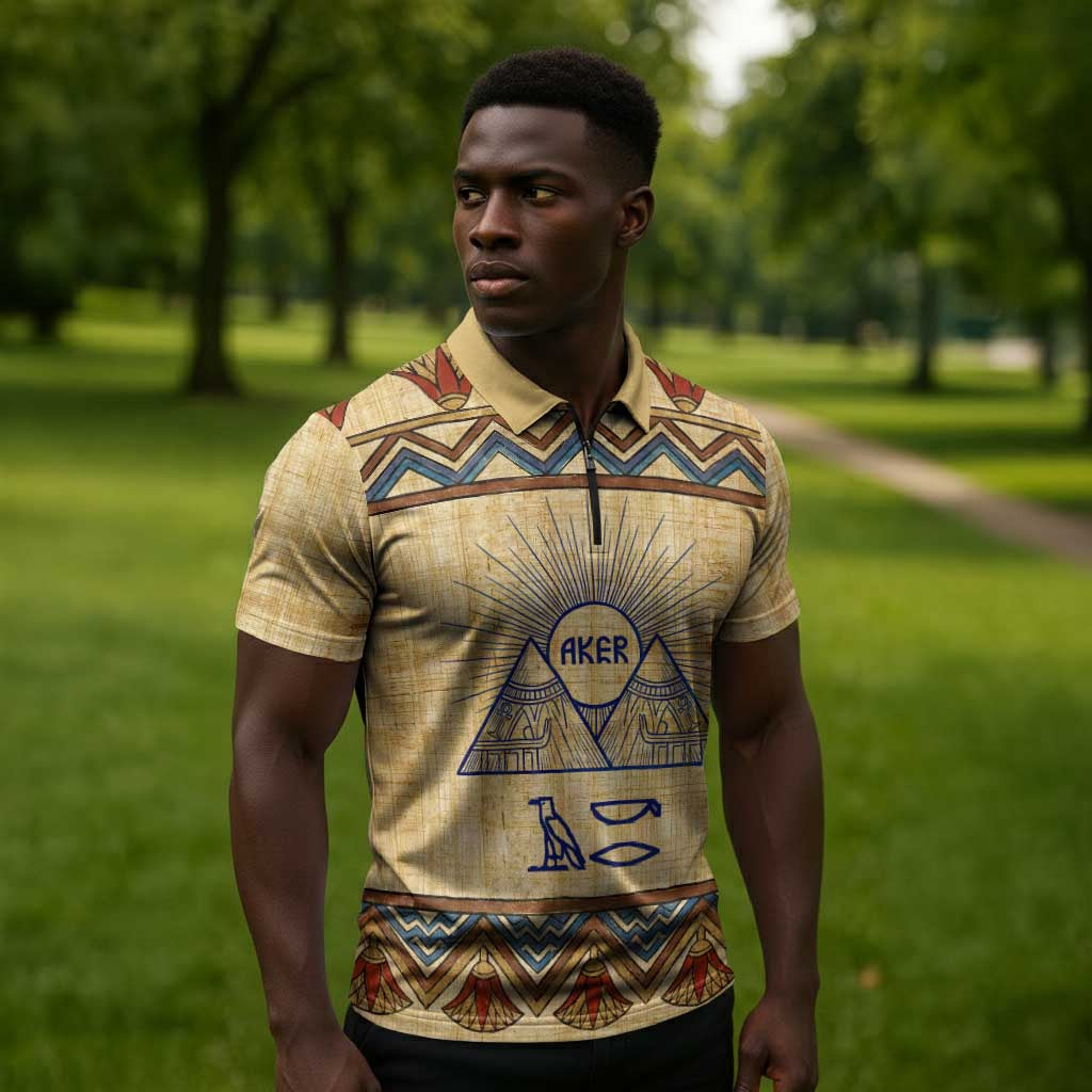 Aker Ancient Egyptian Zipper Polo Shirt with Hieroglyphic Pattern, Pyramid Symbol, and Twin Lion Guardians Motif - African Pride