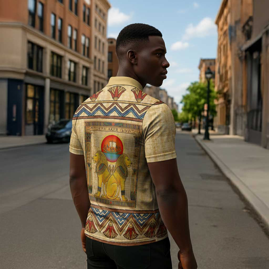 Aker Ancient Egyptian Zipper Polo Shirt with Hieroglyphic Pattern, Pyramid Symbol, and Twin Lion Guardians Motif - African Pride