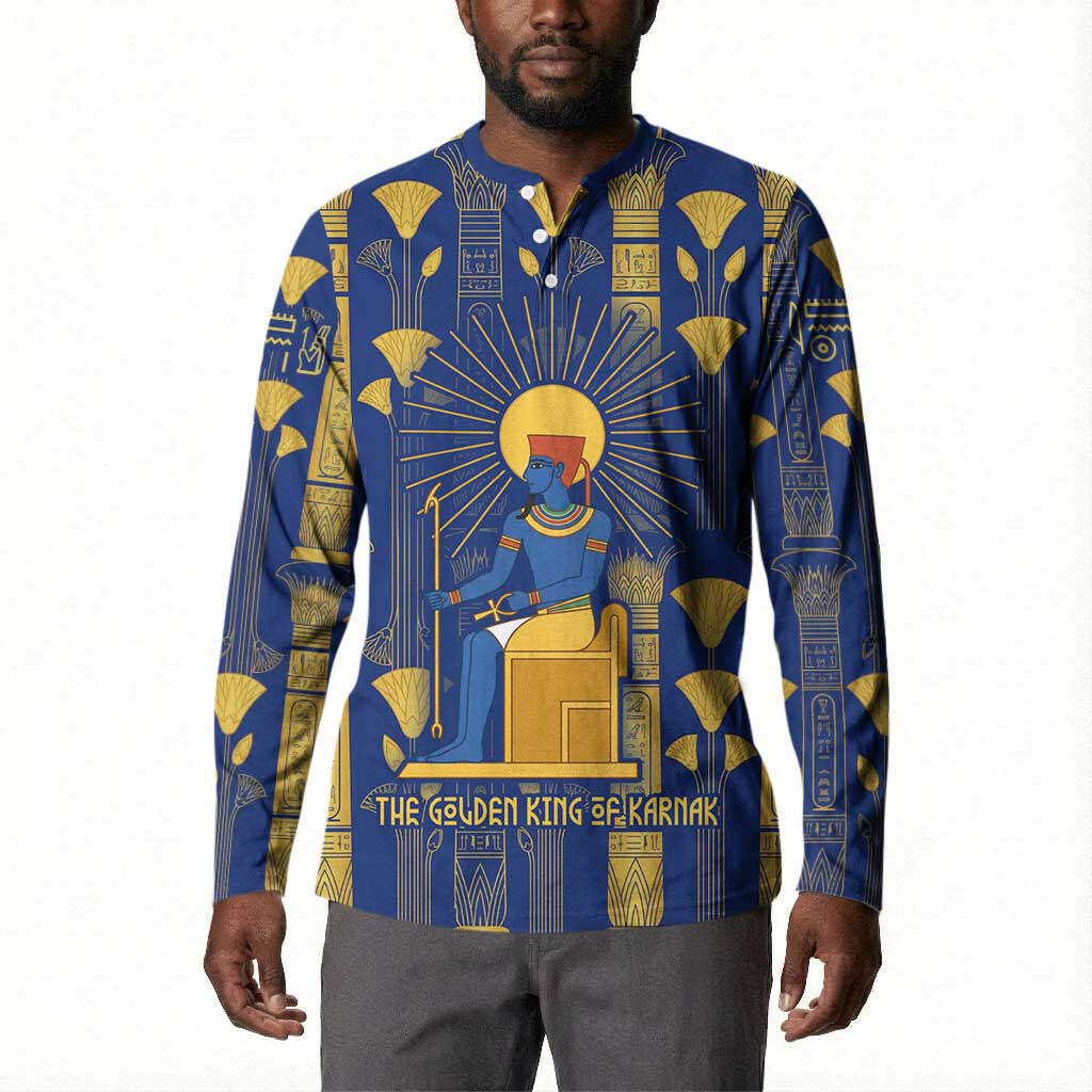 Amun Button Sweatshirt Ancient Egyptian Hieroglyphic, Pharaoh and Scarab